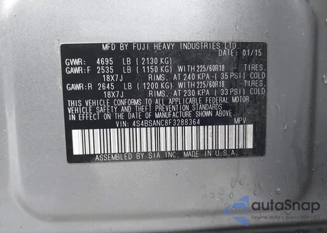 2015 Subaru Outback 2.5I Limited z USA, uszkodzony, nr VIN 4S4BSANC8F3288364